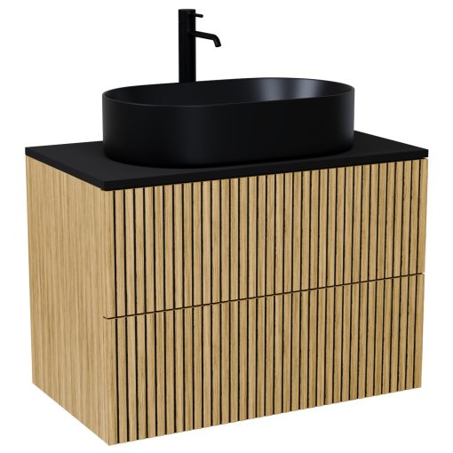 HD Palma Pro Hickory 80 komplett fürdőszoba bútor szett fali push-to-open mosdószekrénnyel, matt fekete mosdópulttal, tükörrel és magasszekrénnyel