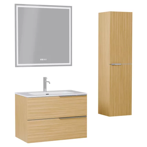 HD Cremona Hickory 80 komplett fürdőszoba bútor szett fali mosdószekrénnyel, fényes króm fogantyúkkal, fényes fehér slim mosdóval, tükörrel és magas szekrénnyel