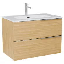 HD Cremona Hickory 80 komplett fürdőszoba bútor szett fali mosdószekrénnyel, fényes króm fogantyúkkal, fényes fehér slim mosdóval, tükörrel és magas szekrénnyel