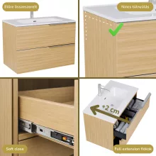 HD Cremona Hickory 80 komplett fürdőszoba bútor szett fali mosdószekrénnyel, fényes króm fogantyúkkal, fényes fehér slim mosdóval, tükörrel és magas szekrénnyel