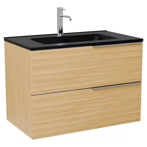 HD Cremona Hickory 80 komplett fürdőszoba bútor szett fali mosdószekrénnyel, fényes króm fogantyúkkal, matt fekete slim mosdóval, tükörrel és magas szekrénnyel