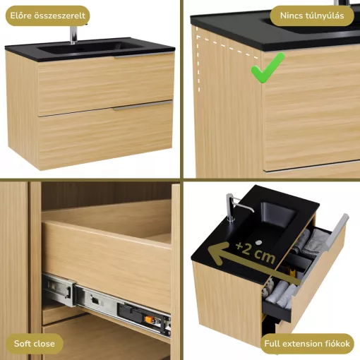 HD Cremona Hickory 80 komplett fürdőszoba bútor szett fali mosdószekrénnyel, fényes króm fogantyúkkal, matt fekete slim mosdóval, tükörrel és magas szekrénnyel