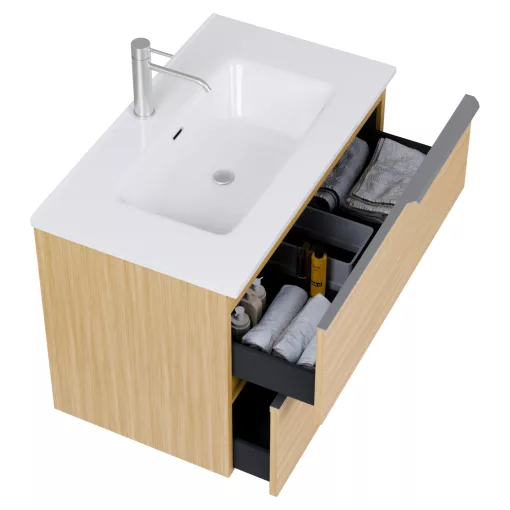 HD Cremona Hickory 80 komplett fürdőszoba bútor szett fali mosdószekrénnyel, szálcsiszolt króm fogantyúkkal, fényes fehér slim mosdóval, tükörrel és magas szekrénnyel