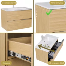 HD Cremona Hickory 80 komplett fürdőszoba bútor szett fali mosdószekrénnyel, szálcsiszolt króm fogantyúkkal, fényes fehér slim mosdóval, tükörrel és magas szekrénnyel