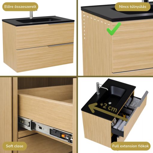 HD Cremona Hickory 80 fali mosdószekrény szálcsiszolt króm fogantyúkkal és matt fekete slim mosdóval