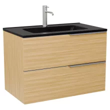 HD Cremona Hickory 80 komplett fürdőszoba bútor szett fali mosdószekrénnyel, szálcsiszolt króm fogantyúkkal, matt fekete slim mosdóval, tükörrel és magas szekrénnyel