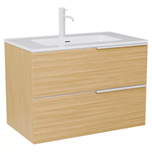 HD Cremona Hickory 80 komplett fürdőszoba bútor szett fali mosdószekrénnyel, matt fehér fogantyúkkal, fényes fehér slim mosdóval, tükörrel és magas szekrénnyel