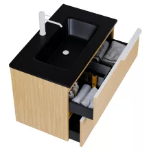 HD Cremona Hickory 80 komplett fürdőszoba bútor szett fali mosdószekrénnyel, matt fehér fogantyúkkal, matt fekete slim mosdóval, tükörrel és magas szekrénnyel