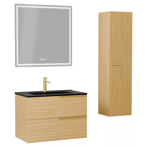 HD Cremona Hickory 80 komplett fürdőszoba bútor szett fali mosdószekrénnyel, szálcsiszolt arany fogantyúkkal, matt fekete slim mosdóval, tükörrel és magas szekrénnyel