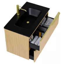 HD Cremona Hickory 80 komplett fürdőszoba bútor szett fali mosdószekrénnyel, szálcsiszolt arany fogantyúkkal, matt fekete slim mosdóval, tükörrel és magas szekrénnyel