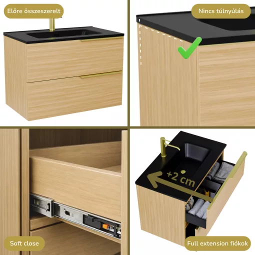 HD Cremona Hickory 80 komplett fürdőszoba bútor szett fali mosdószekrénnyel, szálcsiszolt arany fogantyúkkal, matt fekete slim mosdóval, tükörrel és magas szekrénnyel