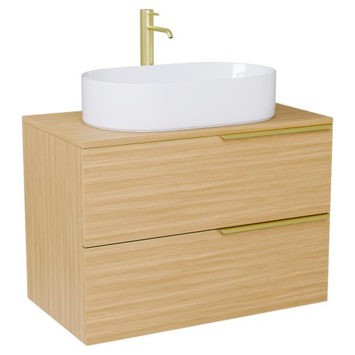 HD Carona Hickory 80 fali mosdószekrény hikoridió színű mosdópulttal és szálcsiszolt arany fogantyúkkal