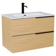 HD Cremona Hickory 80 fali mosdószekrény matt fekete fogantyúkkal és fényes fehér slim mosdóval