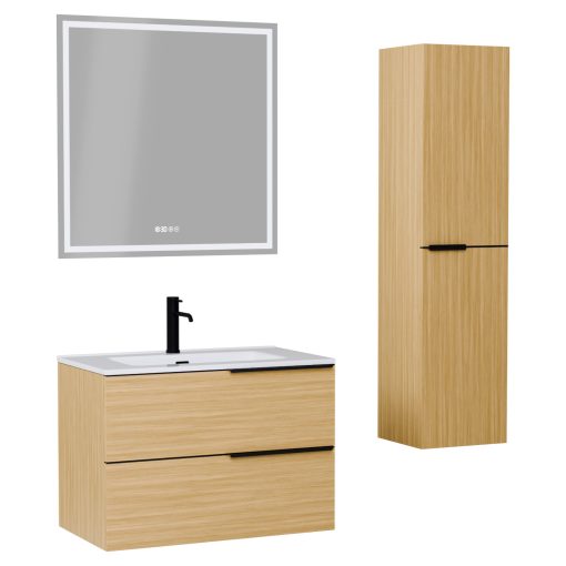 HD Cremona Hickory 80 komplett fürdőszoba bútor szett fali mosdószekrénnyel, matt fekete fogantyúkkal, fényes fehér slim mosdóval, tükörrel és magas szekrénnyel