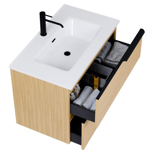 HD Cremona Hickory 80 komplett fürdőszoba bútor szett fali mosdószekrénnyel, matt fekete fogantyúkkal, fényes fehér slim mosdóval, tükörrel és magas szekrénnyel