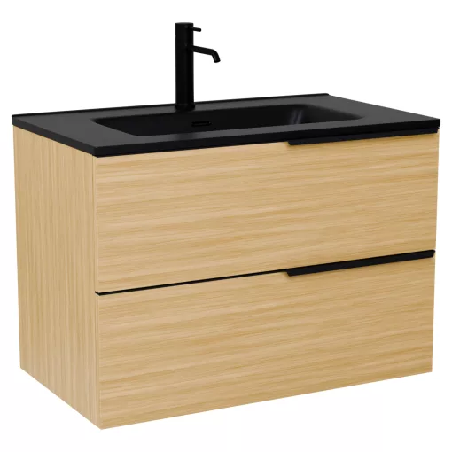 HD Cremona Hickory 80 komplett fürdőszoba bútor szett fali mosdószekrénnyel, matt fekete fogantyúkkal, matt fekete slim mosdóval, tükörrel és magas szekrénnyel