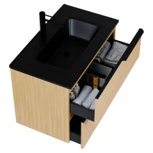 HD Cremona Hickory 80 komplett fürdőszoba bútor szett fali mosdószekrénnyel, matt fekete fogantyúkkal, matt fekete slim mosdóval, tükörrel és magas szekrénnyel