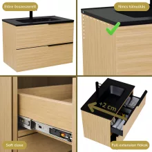 HD Cremona Hickory 80 komplett fürdőszoba bútor szett fali mosdószekrénnyel, matt fekete fogantyúkkal, matt fekete slim mosdóval, tükörrel és magas szekrénnyel