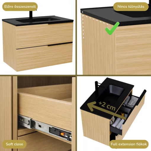 HD Cremona Hickory 80 komplett fürdőszoba bútor szett fali mosdószekrénnyel, matt fekete fogantyúkkal, matt fekete slim mosdóval, tükörrel és magas szekrénnyel