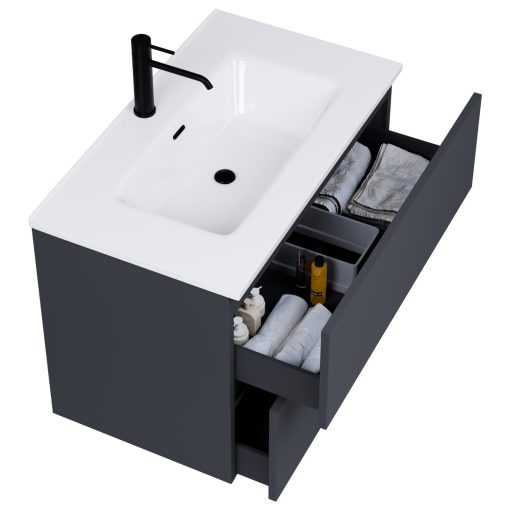 HD Aria Pro Antracit 80 fali mosdószekrény, push-to-open mechanizmussal, fényes fehér slim mosdóval