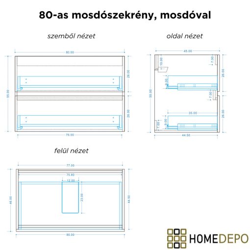 HD Aria Pro Antracit 80 fali mosdószekrény, push-to-open mechanizmussal, fényes fehér slim mosdóval