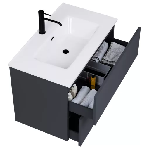 HD Aria Pro Antracit 80 komplett fürdőszoba bútor fali push-to-open mosdószekrénnyel, fényes fehér slim mosdóval és tükörrel