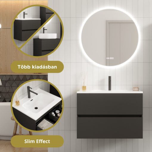 HD Aria Pro Antracit 80 komplett fürdőszoba bútor fali push-to-open mosdószekrénnyel, fényes fehér slim mosdóval és tükörrel