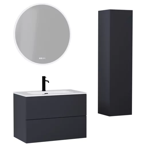 HD Aria Pro Antracit 80 komplett fürdőszoba bútor szett fali push-to-open mosdószekrénnyel, fényes fehér slim mosdóval, tükörrel és magasszekrénnyel