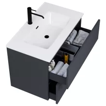 HD Aria Pro Antracit 80 komplett fürdőszoba bútor szett fali push-to-open mosdószekrénnyel, fényes fehér slim mosdóval, tükörrel és magasszekrénnyel