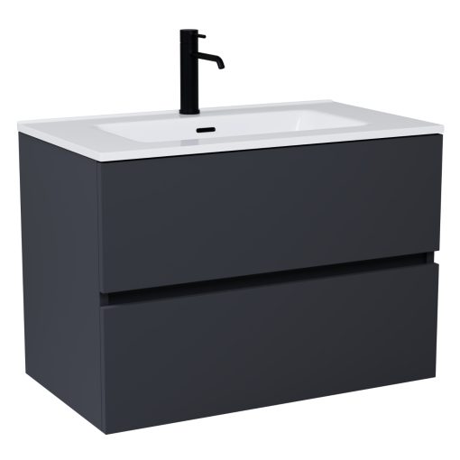 HD Aria Antracit 80 komplett fürdőszoba bútor szett fali mosdószekrénnyel, fényes fehér slim mosdóval, tükörrel és magasszekrénnyel