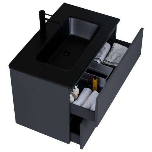 HD Aria Antracit 80 komplett fürdőszoba bútor fali mosdószekrénnyel, matt fekete slim mosdóval és tükörrel