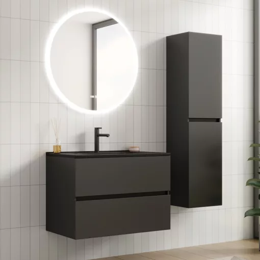 HD Aria Antracit 80 komplett fürdőszoba bútor fali mosdószekrénnyel, matt fekete slim mosdóval és tükörrel