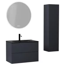 HD Aria Pro Antracit 80 komplett fürdőszoba bútor szett fali push-to-open mosdószekrénnyel, matt fekete slim mosdóval, tükörrel és magasszekrénnyel