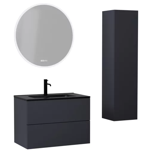 HD Aria Pro Antracit 80 komplett fürdőszoba bútor szett fali push-to-open mosdószekrénnyel, matt fekete slim mosdóval, tükörrel és magasszekrénnyel