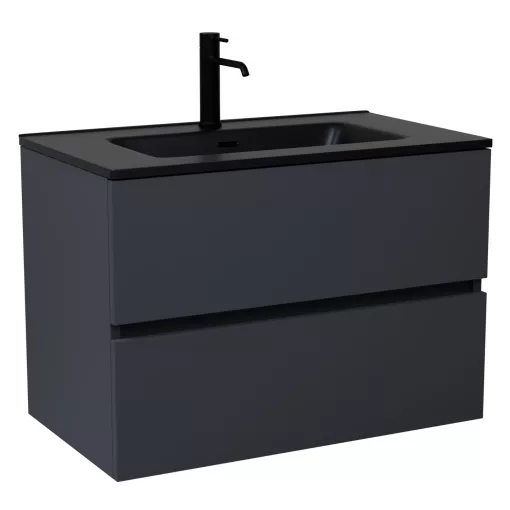 HD Aria Antracit 80 komplett fürdőszoba bútor szett fali mosdószekrénnyel, matt fekete slim mosdóval, tükörrel és magasszekrénnyel