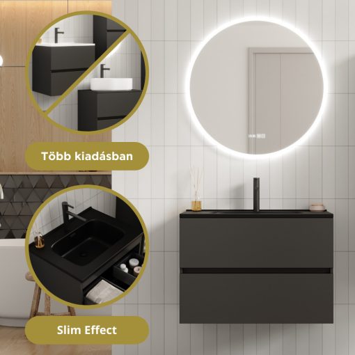 HD Aria Antracit 80 komplett fürdőszoba bútor szett fali mosdószekrénnyel, matt fekete slim mosdóval, tükörrel és magasszekrénnyel