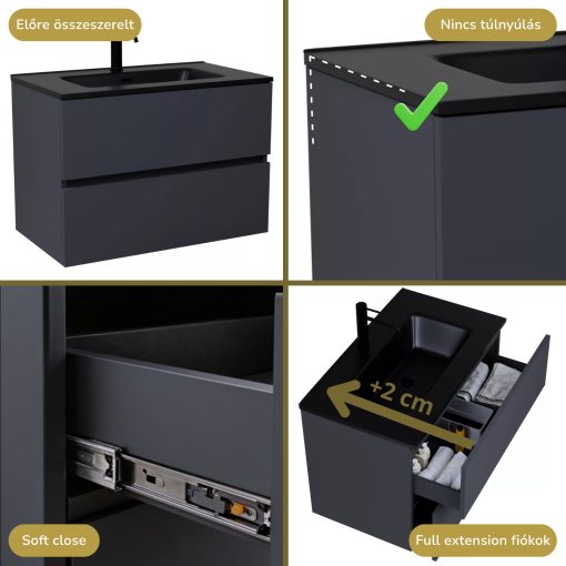 HD Aria Antracit 80 komplett fürdőszoba bútor szett fali mosdószekrénnyel, matt fekete slim mosdóval, tükörrel és magasszekrénnyel