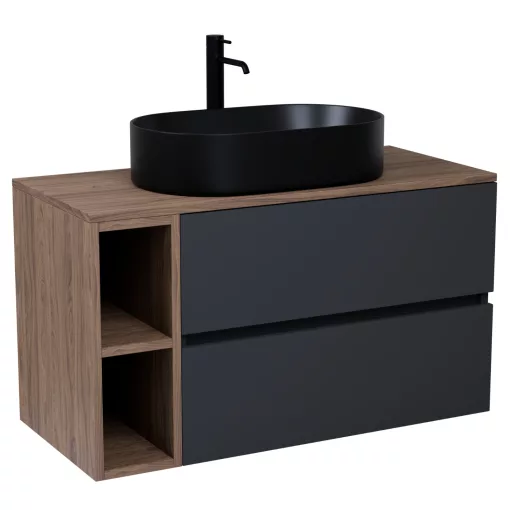 HD Zyra+ Antracit 100 fali mosdószekrény oak mosdópulttal és kiegészítő oak fali modullal