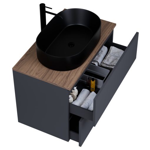 HD Zyra Pro Antracit 80 komplett fürdőszoba bútor fali push-to-open mosdószekrénnyel, oak mosdópulttal és tükörrel