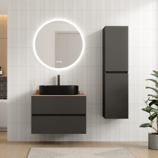 HD Zyra Pro Antracit 80 komplett fürdőszoba bútor fali push-to-open mosdószekrénnyel, oak mosdópulttal és tükörrel