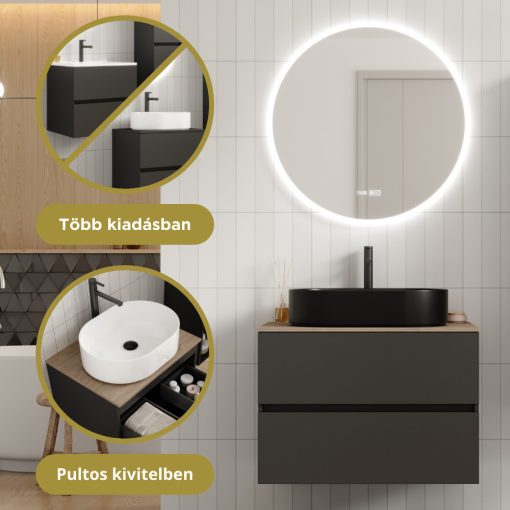 HD Zyra Pro Antracit 80 komplett fürdőszoba bútor fali push-to-open mosdószekrénnyel, oak mosdópulttal és tükörrel