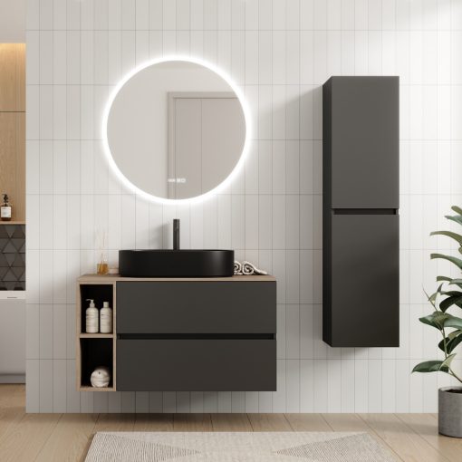 HD Zyra Pro+ Antracit 100 komplett fürdőszoba bútor fali push-to-open mosdószekrénnyel, oak mosdópulttal, kiegészítő oak fali modullal és tükörrel