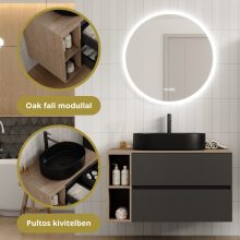 HD Zyra Pro+ Antracit 100 komplett fürdőszoba bútor fali push-to-open mosdószekrénnyel, oak mosdópulttal, kiegészítő oak fali modullal és tükörrel