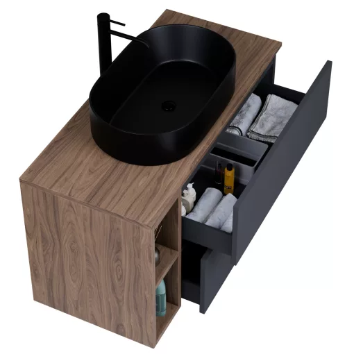 HD Zyra+ Antracit 100 komplett fürdőszoba bútor fali mosdószekrénnyel, oak mosdópulttal, kiegészítő oak fali modullal és tükörrel