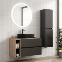 HD Zyra+ Antracit 100 komplett fürdőszoba bútor fali mosdószekrénnyel, oak mosdópulttal, kiegészítő oak fali modullal és tükörrel