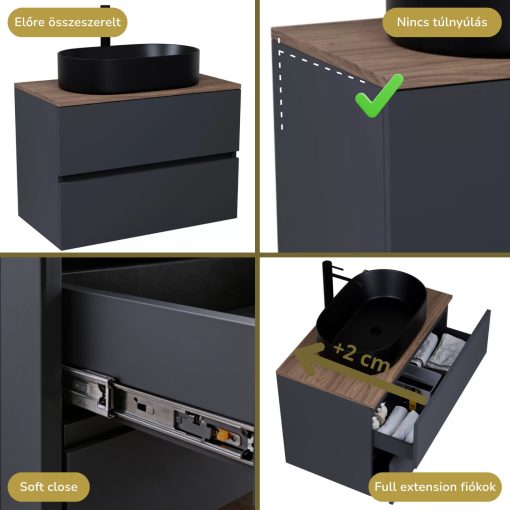 HD Zyra Antracit 80 komplett fürdőszoba bútor fali mosdószekrénnyel, oak mosdópulttal és tükörrel