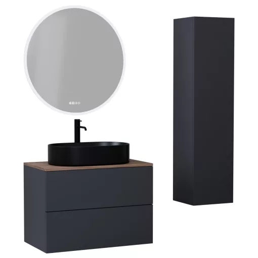 HD Zyra Pro Antracit 80 komplett fürdőszoba bútor szett fali push-to-open mosdószekrénnyel, oak mosdópulttal, tükörrel és magasszekrénnyel