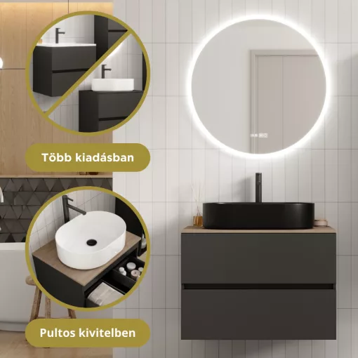 HD Zyra Pro Antracit 80 komplett fürdőszoba bútor szett fali push-to-open mosdószekrénnyel, oak mosdópulttal, tükörrel és magasszekrénnyel