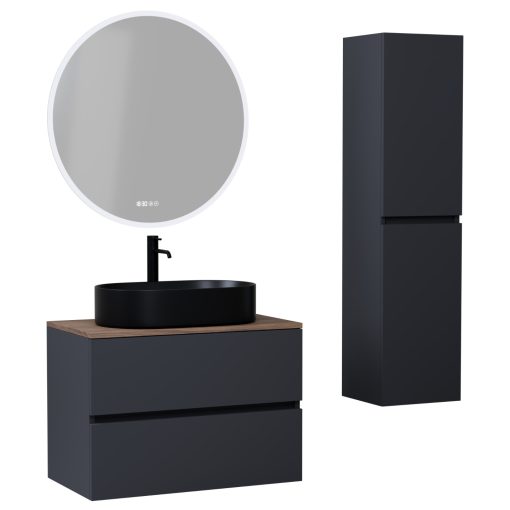 HD Zyra Antracit 80 komplett fürdőszoba bútor szett fali mosdószekrénnyel, oak mosdópulttal, tükörrel és magasszekrénnyel