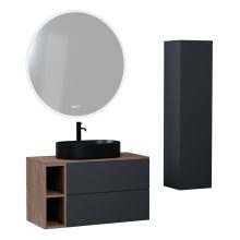 HD Zyra Pro+ Antracit 100 komplett fürdőszoba bútor szett fali push-to-open mosdószekrénnyel, oak mosdópulttal, kiegészítő oak fali modullal, tükörrel és magasszekrénnyel